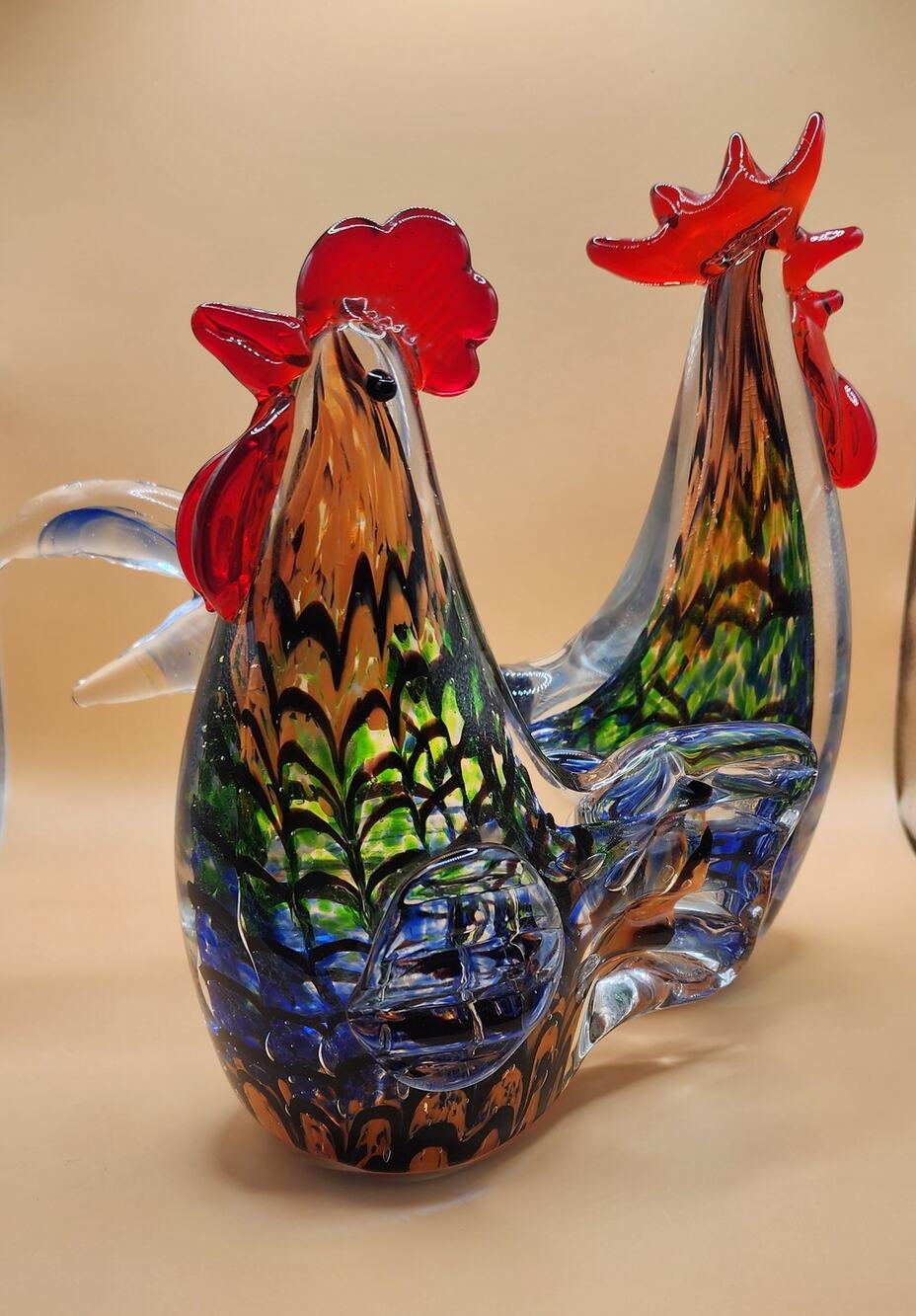 Gorgeous Designs Art Glass Rooster Hen Pair Hand Blown China Multicolor 9"